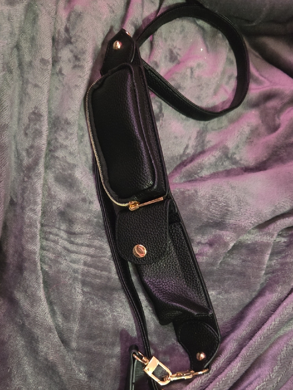 Black Leather Crossbody Belt Bag with Gold Hardware